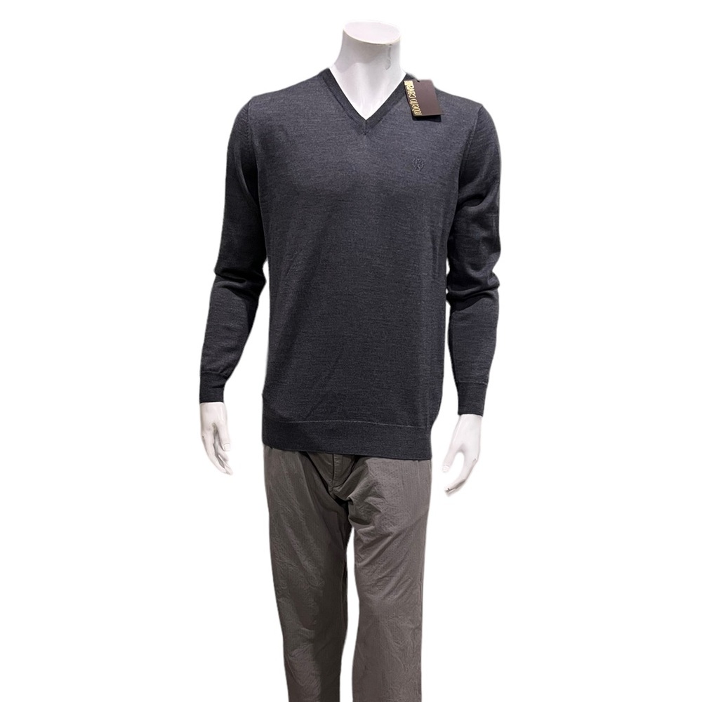 Roberto Cavalli Mens Grey V Neck Wool Sweater